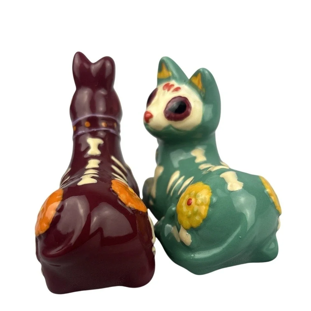 Day Of The The Dead Skull Cat Skull Dog Salt & Pepper Ceramic Dia De Los Muertos